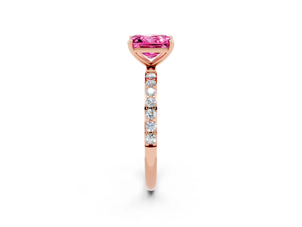 Rose Gold Princess Cut Lab-Grown Pink Sapphire Solitaire Engagement Ring with Pave Shoulders