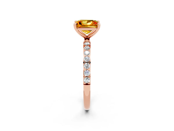 Rose gold Princess Cut Citrine Solitaire Ring with Round Pavé Shoulders and Prong Setting