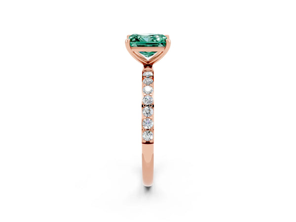 Rose gold Princess Cut Green Sapphire Solitaire Ring with Round Pavé Shoulders and Prong Setting