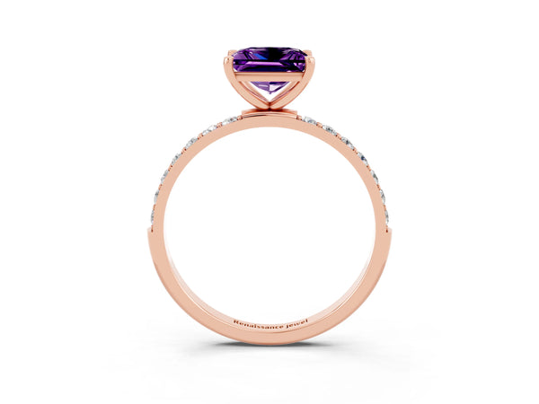 Rose gold Princess Cut Amethyst Solitaire Ring with Round Pavé Shoulders and Prong Setting
