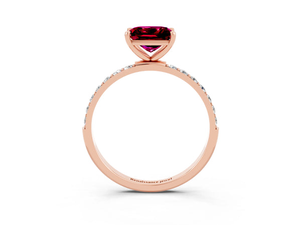 Rose gold Princess Cut Garnet Solitaire Ring with Round Pavé Shoulders and Prong Setting