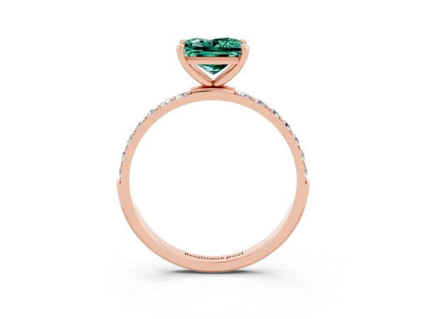 Rose gold Princess Cut Green Sapphire Solitaire Ring with Round Pavé Shoulders and Prong Setting