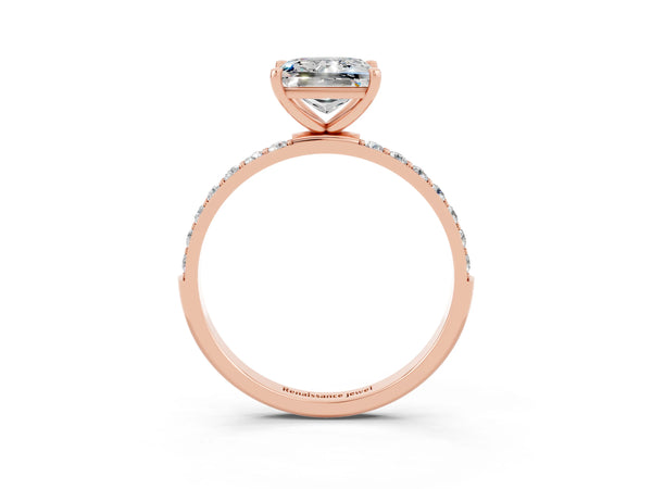Rose gold Princess Cut Moissanite Solitaire Ring with Round Pavé Shoulders and Prong Setting