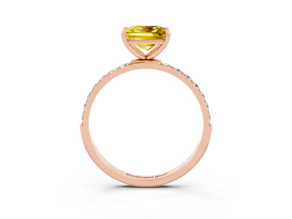Rose gold Princess Cut Yellow Sapphire Solitaire Ring with Round Pavé Shoulders and Prong Setting