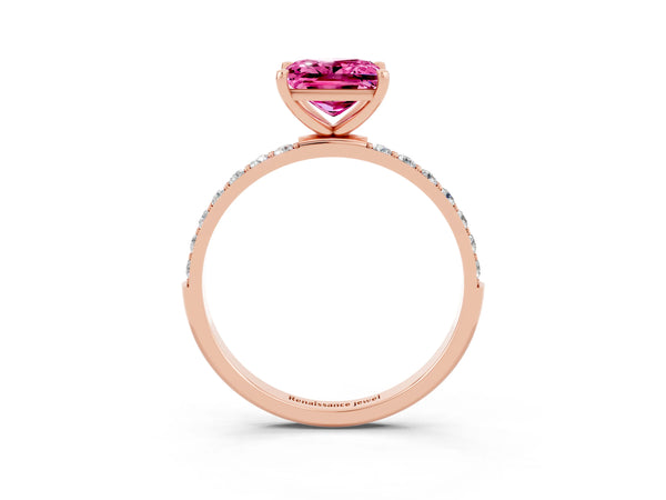 Rose Gold Princess Cut Lab-Grown Pink Sapphire Solitaire Engagement Ring with Pave Shoulders