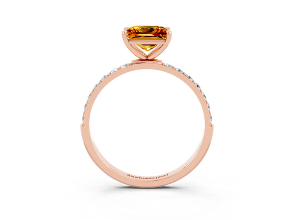 Rose gold Princess Cut Citrine Solitaire Ring with Round Pavé Shoulders and Prong Setting