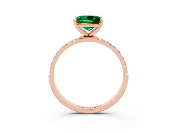 Rose gold Princess Cut Emerald Solitaire Ring with Round Pavé Shoulders and Prong Setting