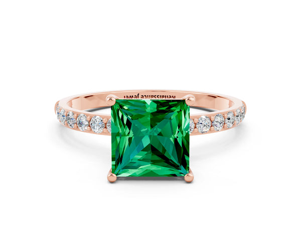Rose gold Princess Cut Emerald Solitaire Ring with Round Pavé Shoulders and Prong Setting