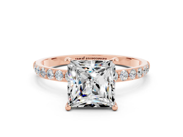 Rose gold Princess Cut Moissanite Solitaire Ring with Round Pavé Shoulders and Prong Setting