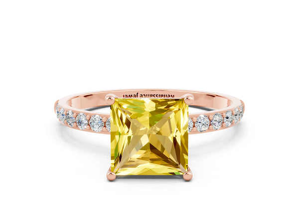 Rose gold Princess Cut Yellow Sapphire Solitaire Ring with Round Pavé Shoulders and Prong Setting