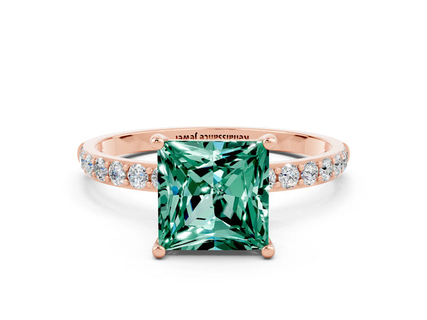 Rose gold Princess Cut Green Sapphire Solitaire Ring with Round Pavé Shoulders and Prong Setting