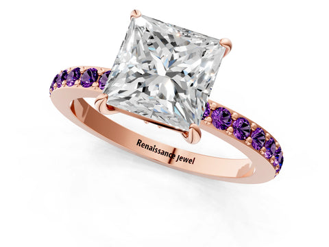 Rose gold Princess Cut Diamond Pavé Engagement Ring with Round with Amethyst side stone Accents and Prong Setting_1