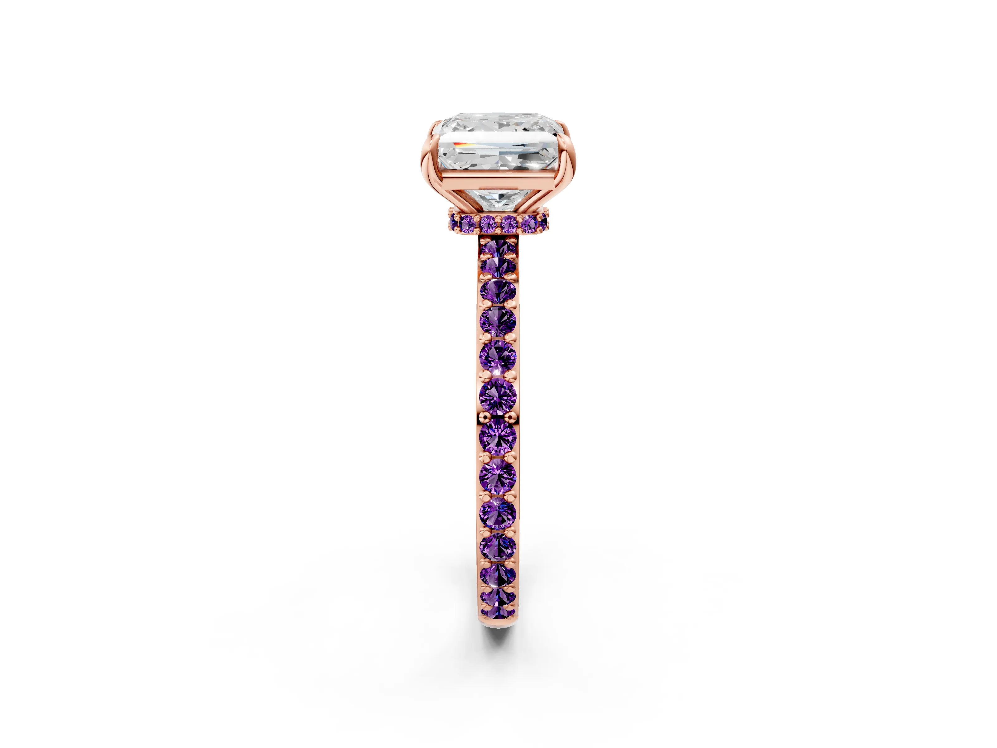 Rose gold Princess Cut Diamond Pavé Engagement Ring with Round with Amethyst side stone Accents and Prong Setting_2