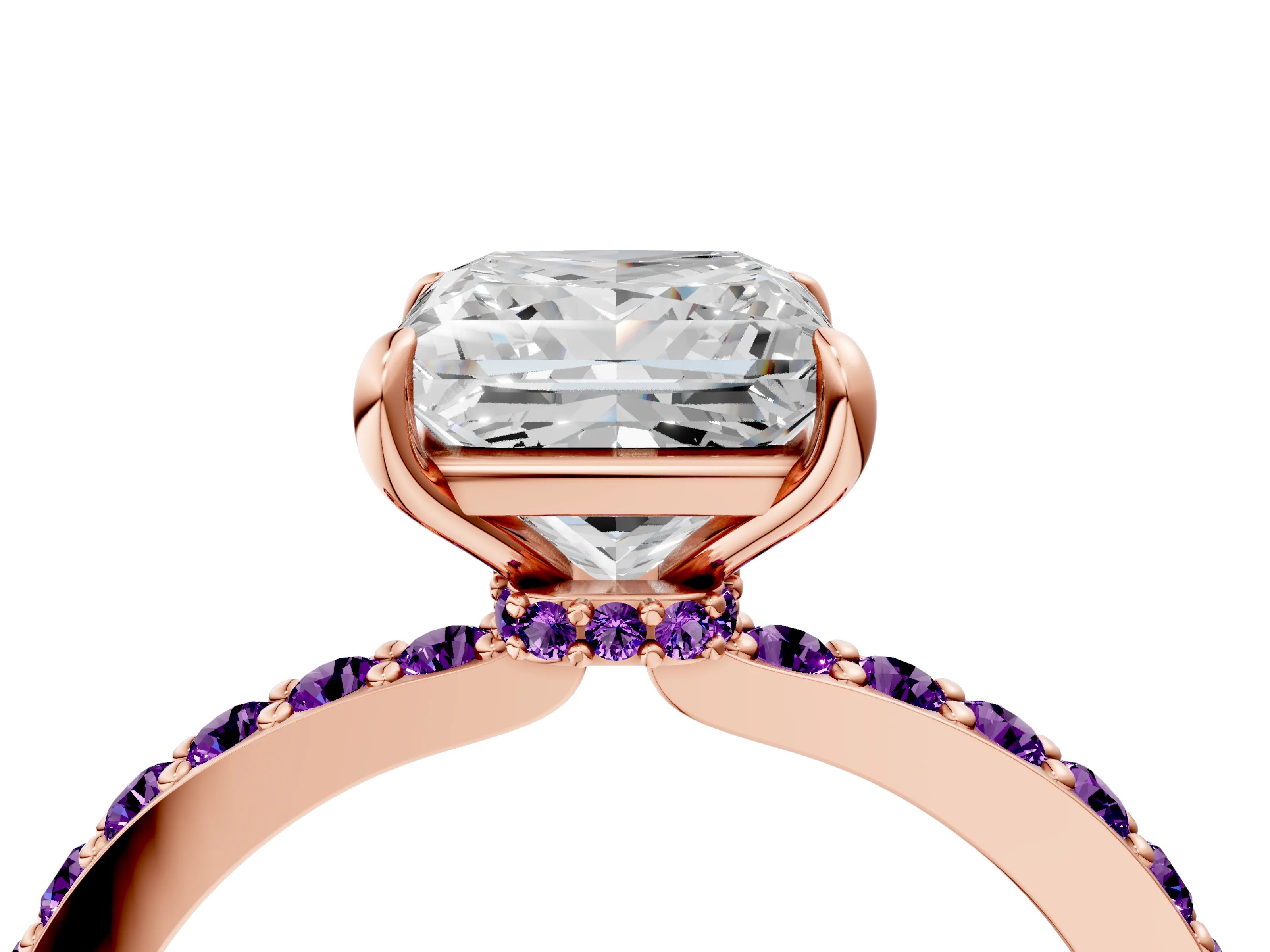 Rose gold Princess Cut Diamond Pavé Engagement Ring with Round with Amethyst side stone Accents and Prong Setting_4