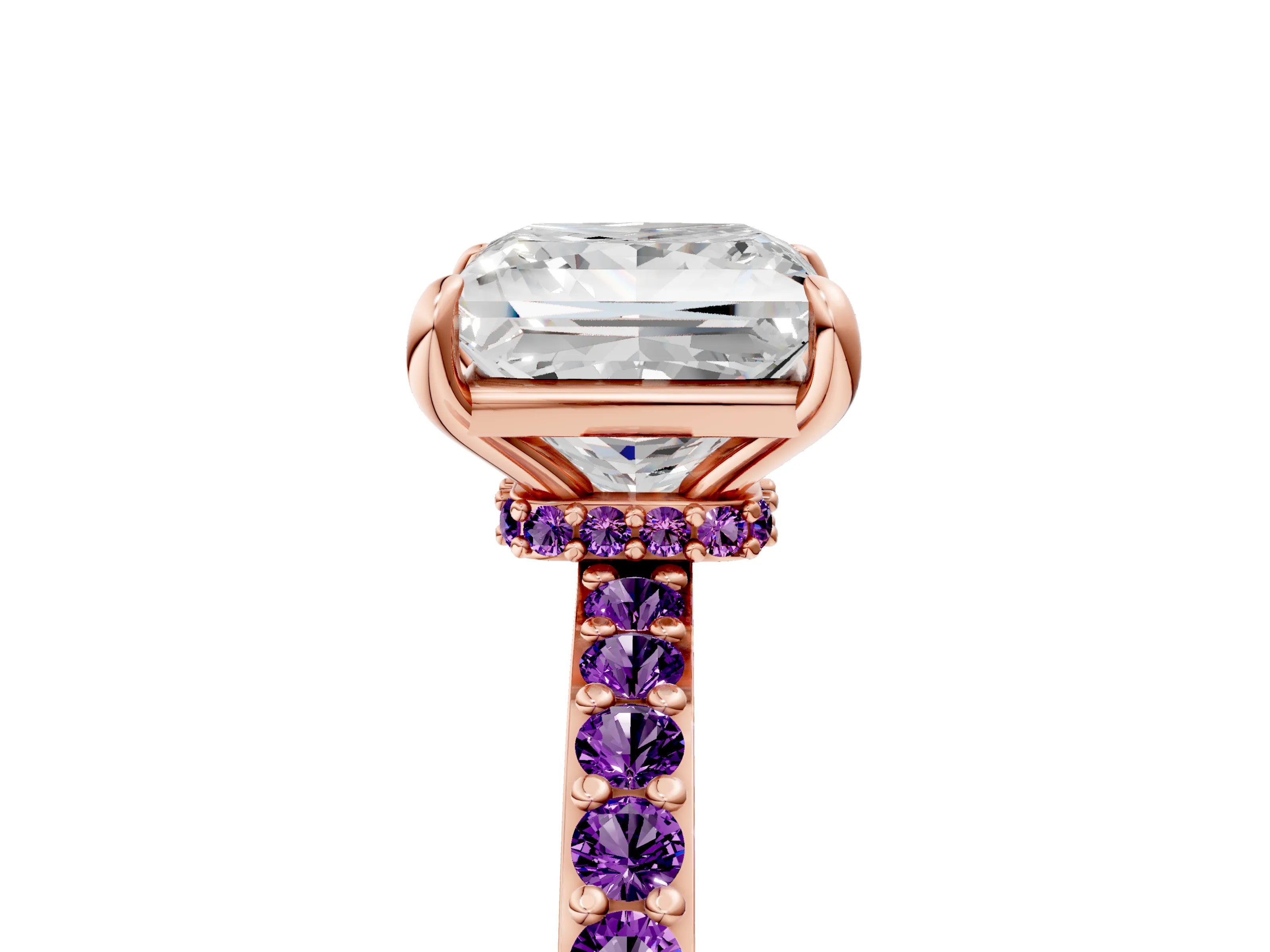 Rose gold Princess Cut Diamond Pavé Engagement Ring with Round with Amethyst side stone Accents and Prong Setting_5