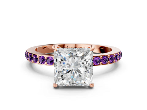 Rose gold Princess Cut Diamond Pavé Engagement Ring with Round with Amethyst side stone Accents and Prong Setting