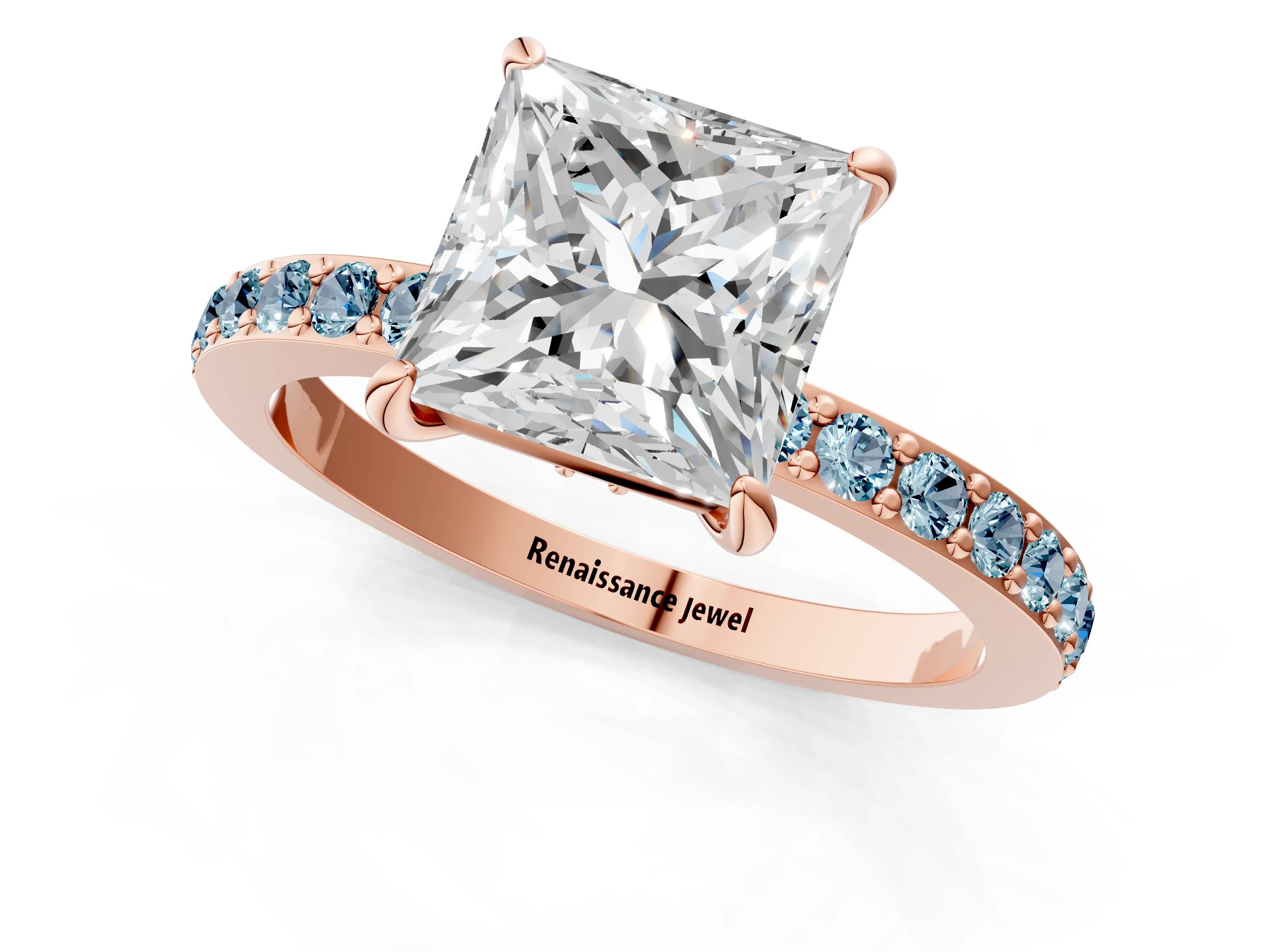 Rose gold Princess Cut Diamond Pavé Engagement Ring with Round with Aquamarine side stone Accents and Prong Setting_1