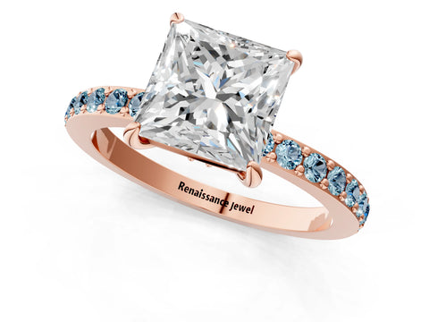 Rose gold Princess Cut Diamond Pavé Engagement Ring with Round with Aquamarine side stone Accents and Prong Setting_1