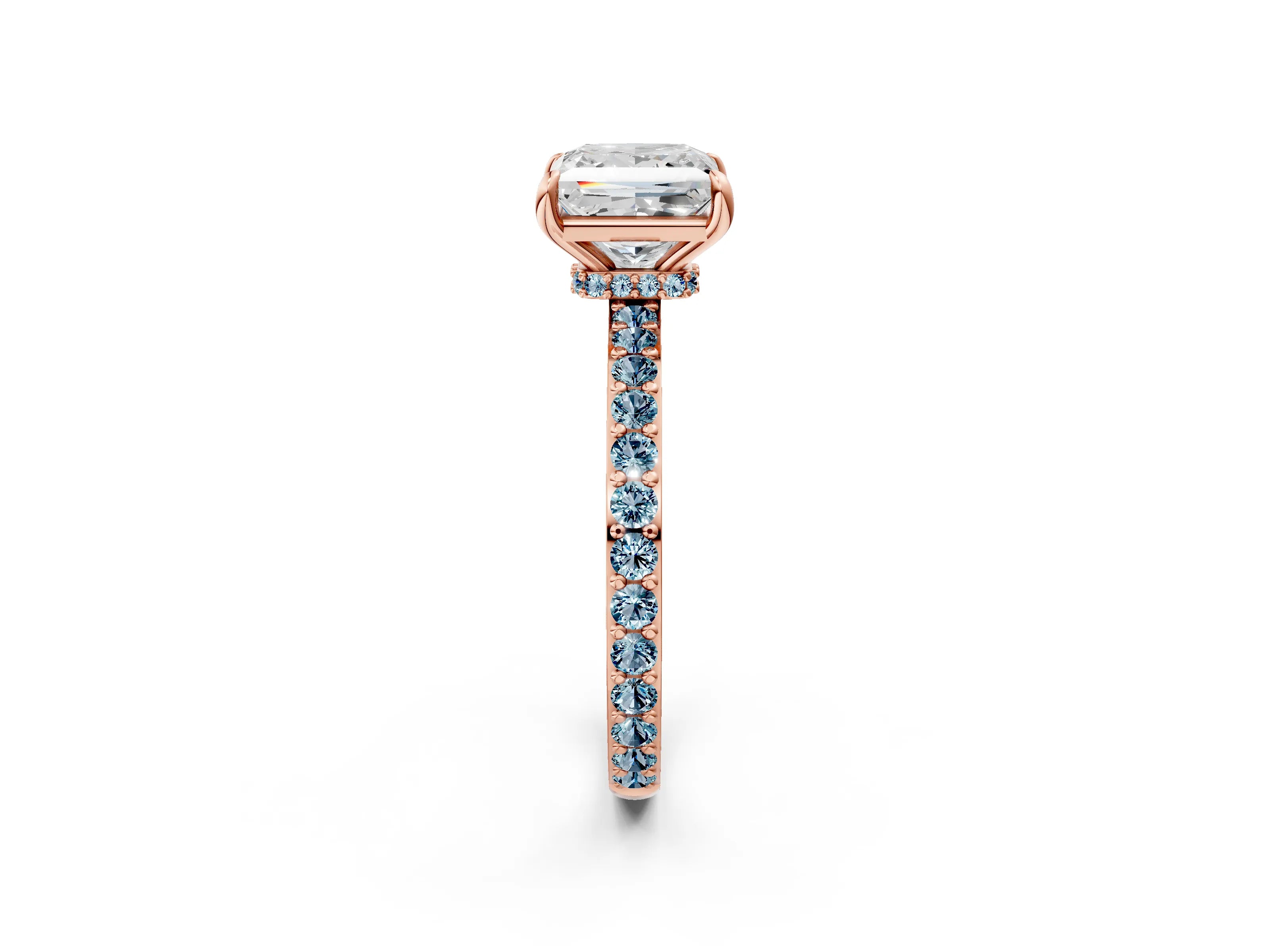 Rose gold Princess Cut Diamond Pavé Engagement Ring with Round with Aquamarine side stone Accents and Prong Setting_2