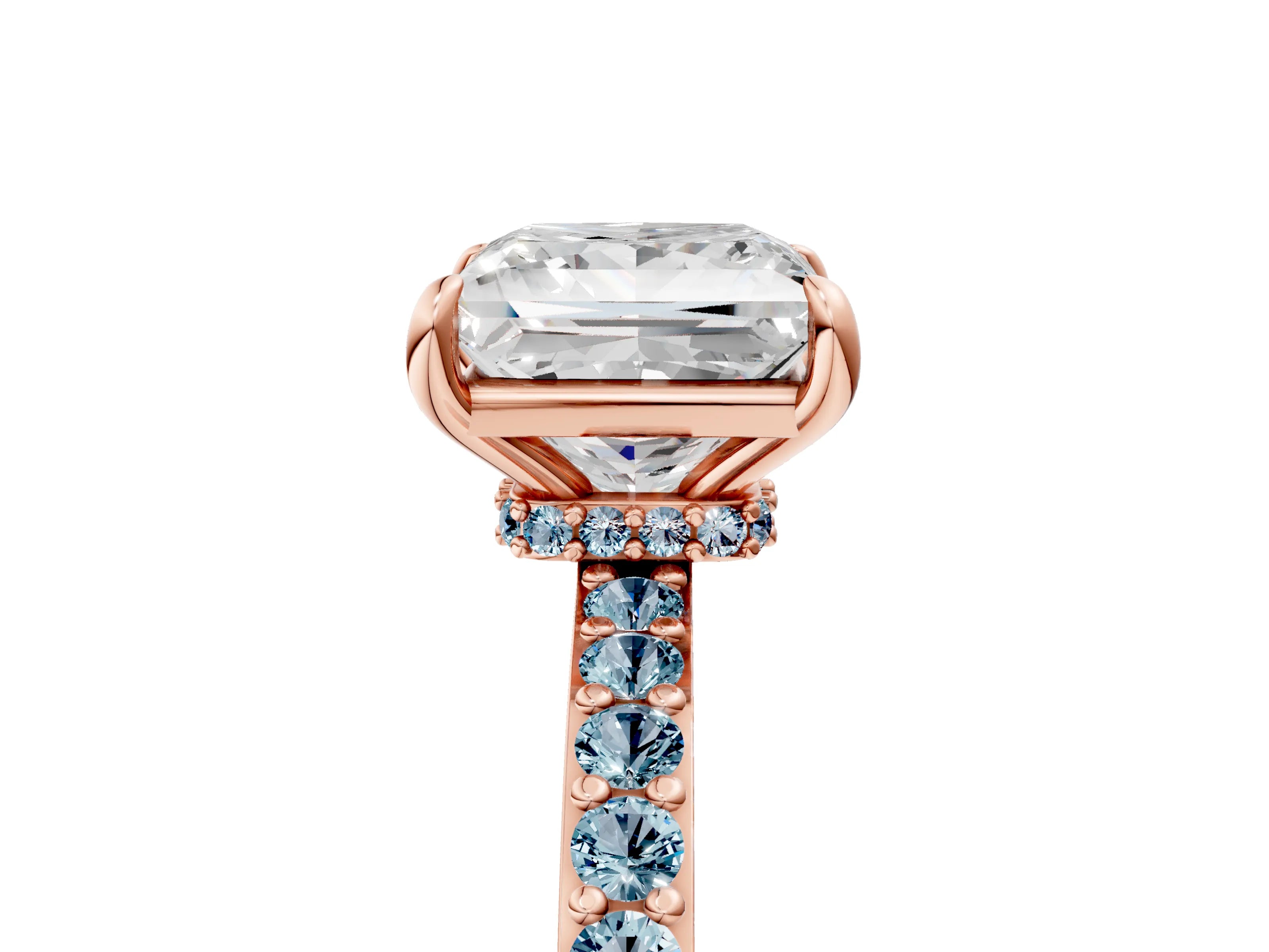 Rose gold Princess Cut Diamond Pavé Engagement Ring with Round with Aquamarine side stone Accents and Prong Setting_5