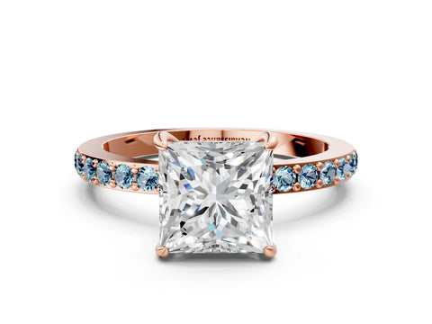 Rose gold Princess Cut Diamond Pavé Engagement Ring with Round with Aquamarine side stone Accents and Prong Setting