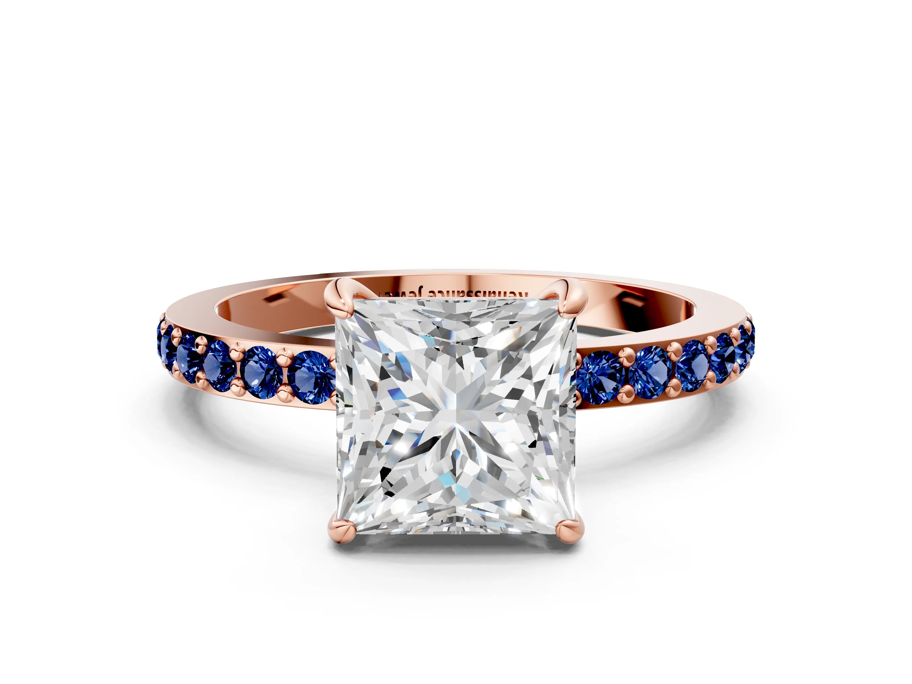 Rose gold Princess Cut Diamond Pavé Engagement Ring with Round with Blue Sapphire side stone Accents and Prong Setting
