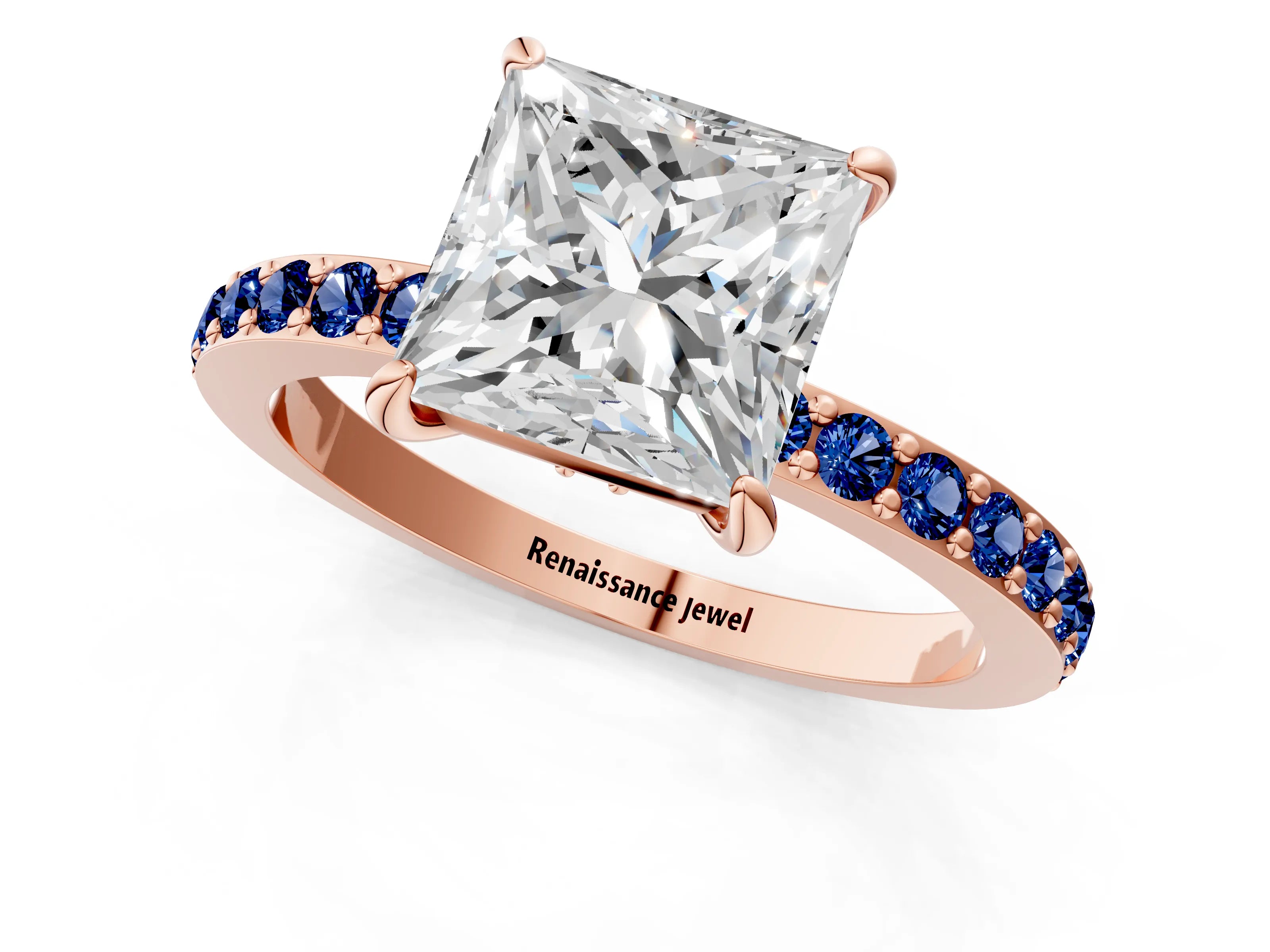 Rose gold Princess Cut Diamond Pavé Engagement Ring with Round with Blue Sapphire side stone Accents and Prong Setting_1