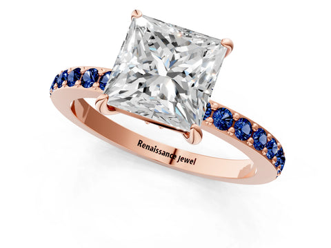Rose gold Princess Cut Diamond Pavé Engagement Ring with Round with Blue Sapphire side stone Accents and Prong Setting_1