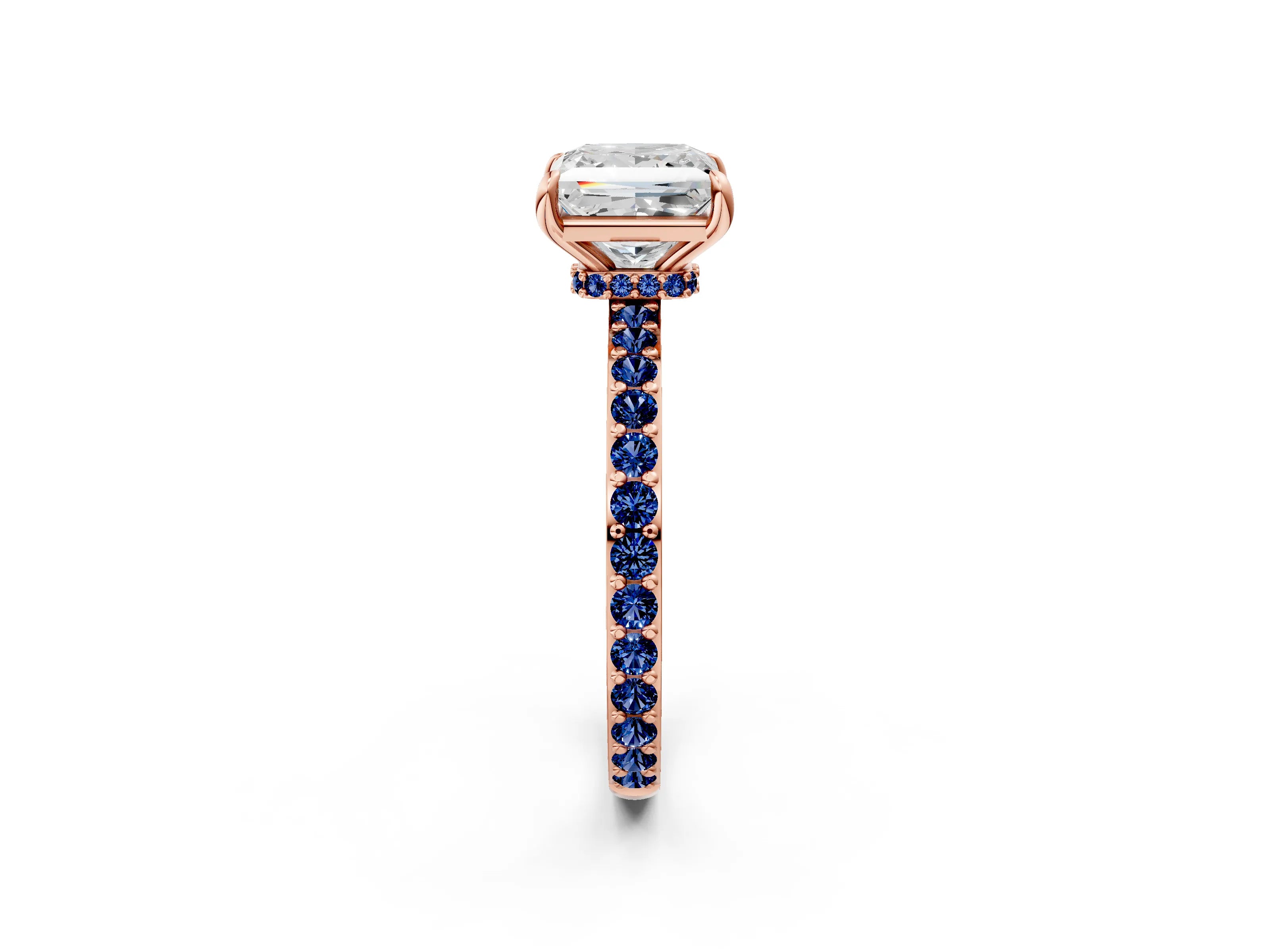 Rose gold Princess Cut Diamond Pavé Engagement Ring with Round with Blue Sapphire side stone Accents and Prong Setting_2