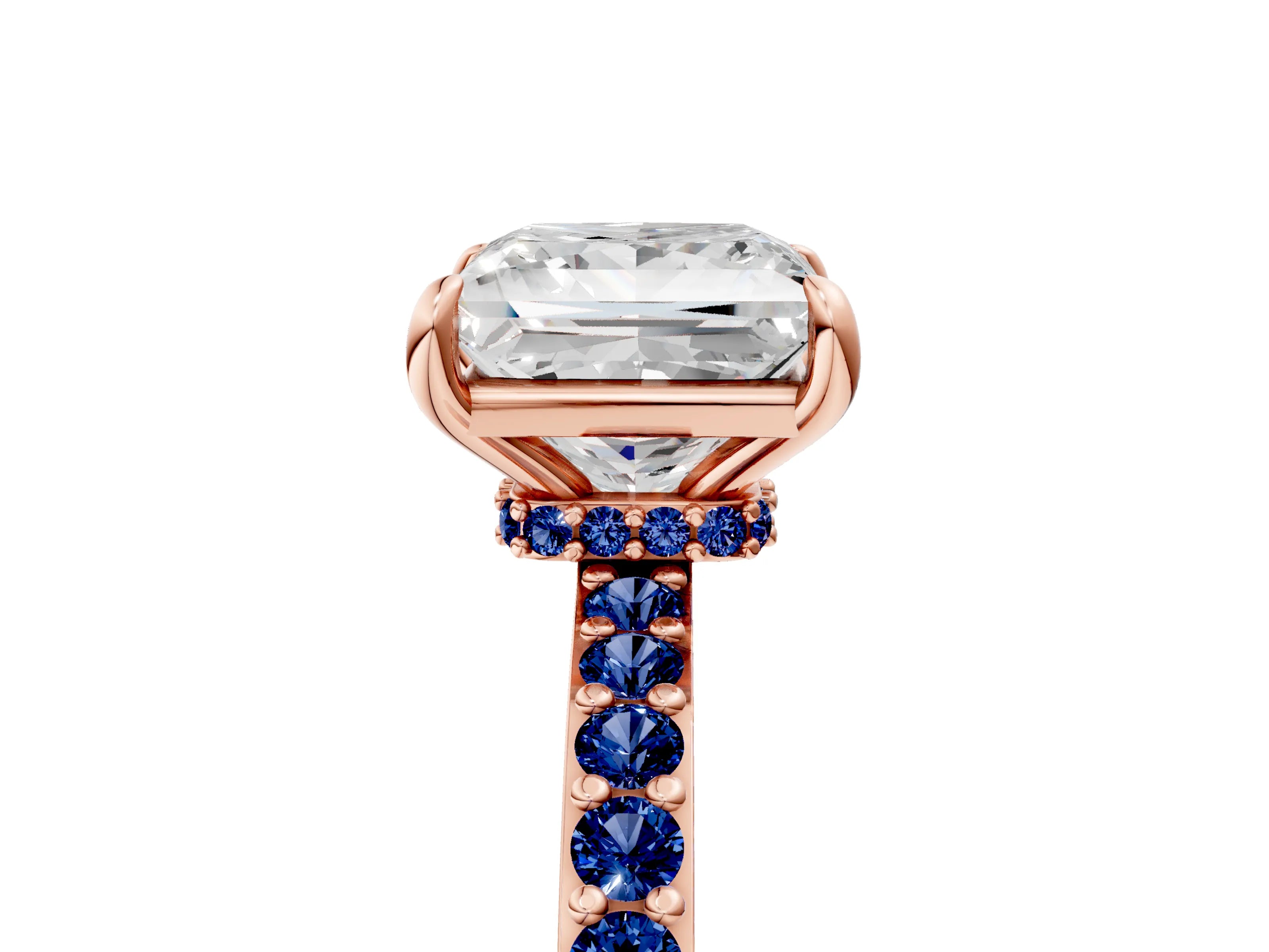Rose gold Princess Cut Diamond Pavé Engagement Ring with Round with Blue Sapphire side stone Accents and Prong Setting_5
