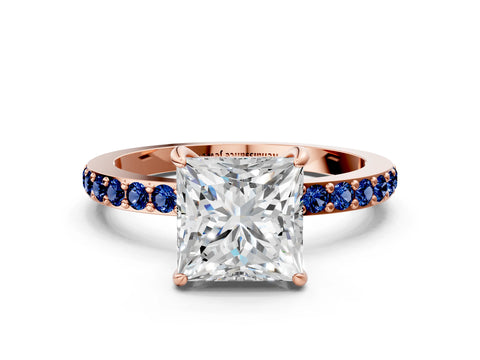 Rose gold Princess Cut Diamond Pavé Engagement Ring with Round with Blue Sapphire side stone Accents and Prong Setting