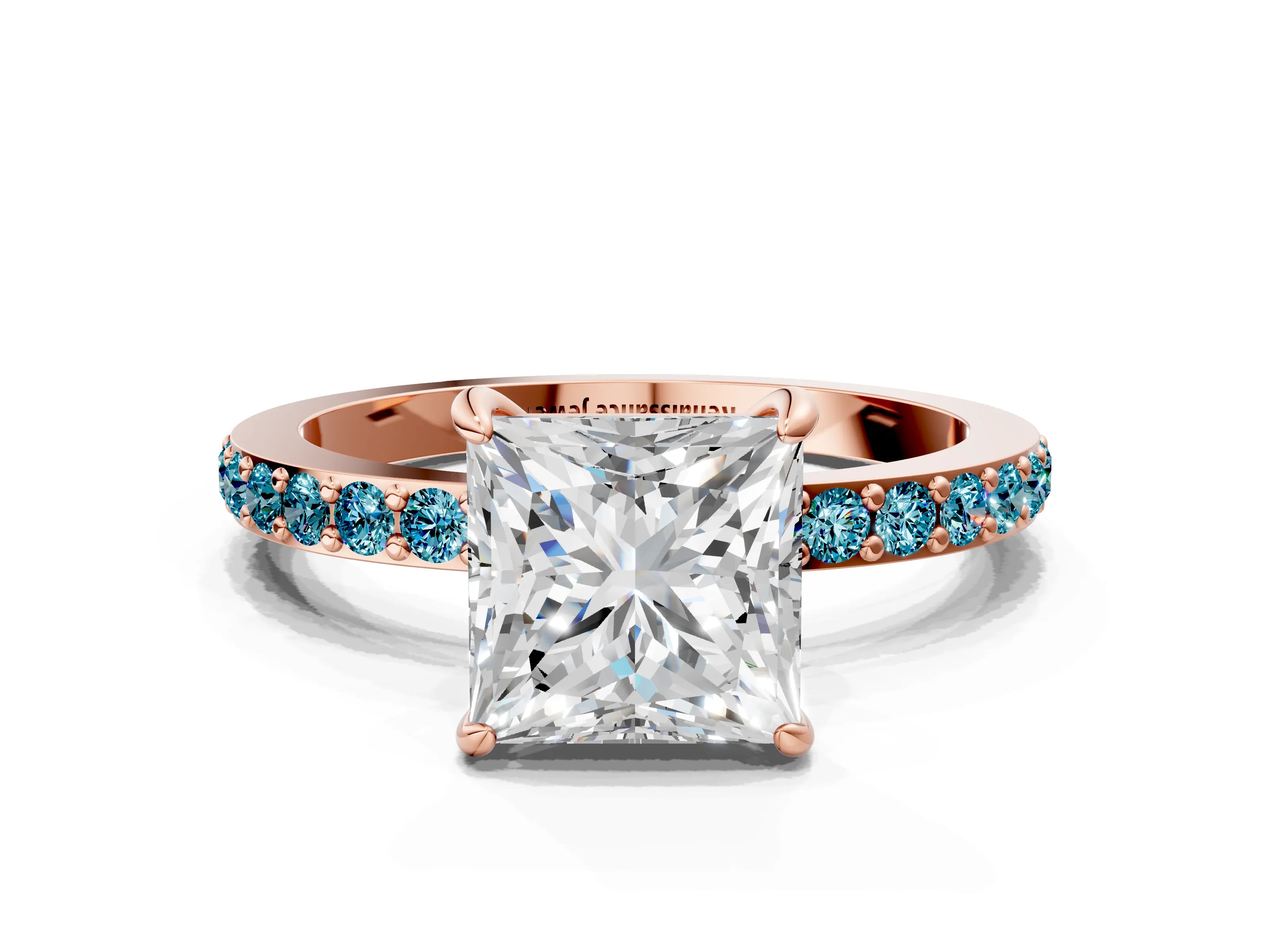 Rose gold Princess Cut Diamond Pavé Engagement Ring with Round with Blue Topaz side stone Accents and Prong Setting