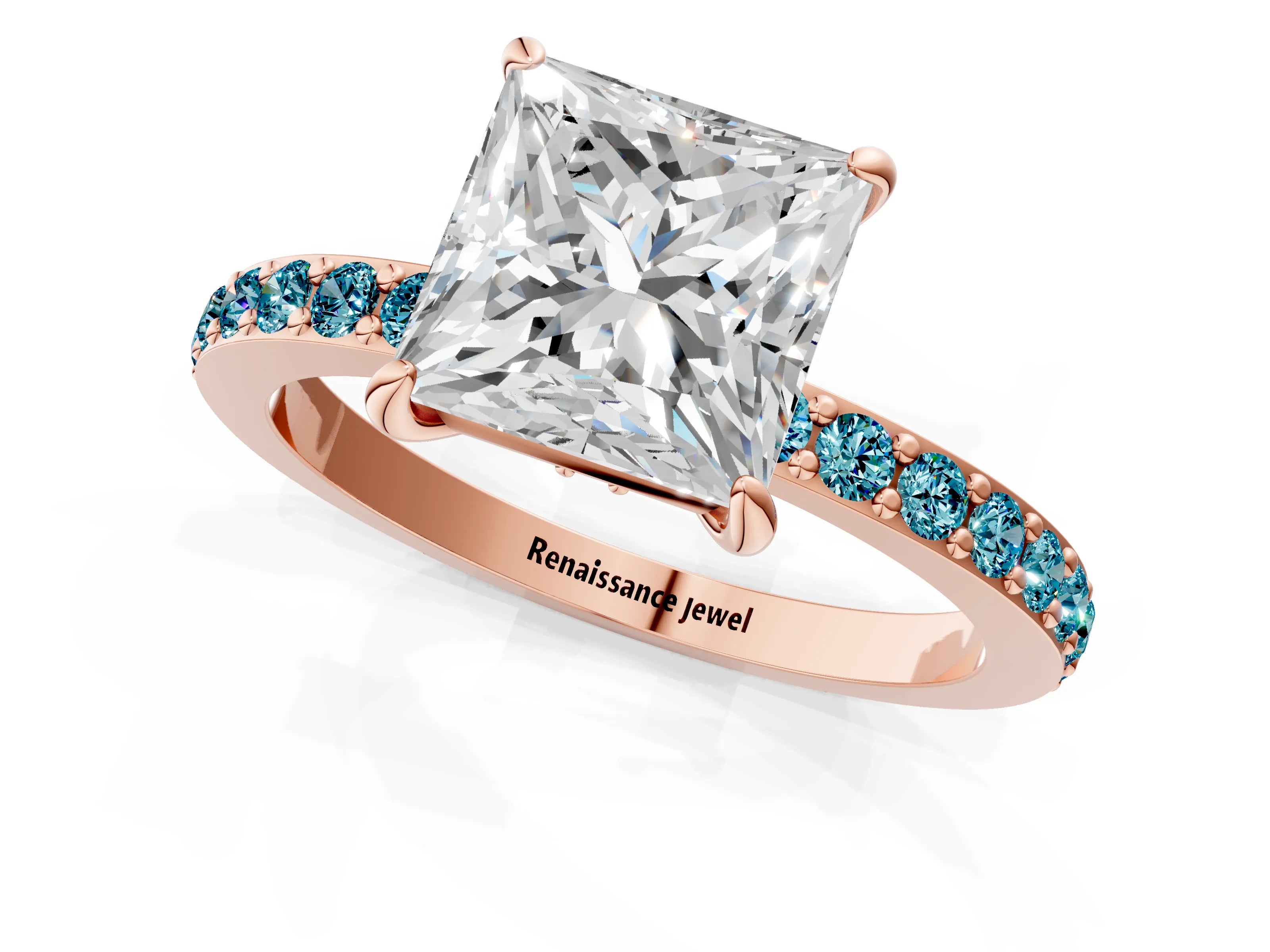 Rose gold Princess Cut Diamond Pavé Engagement Ring with Round with Blue Topaz side stone Accents and Prong Setting_1