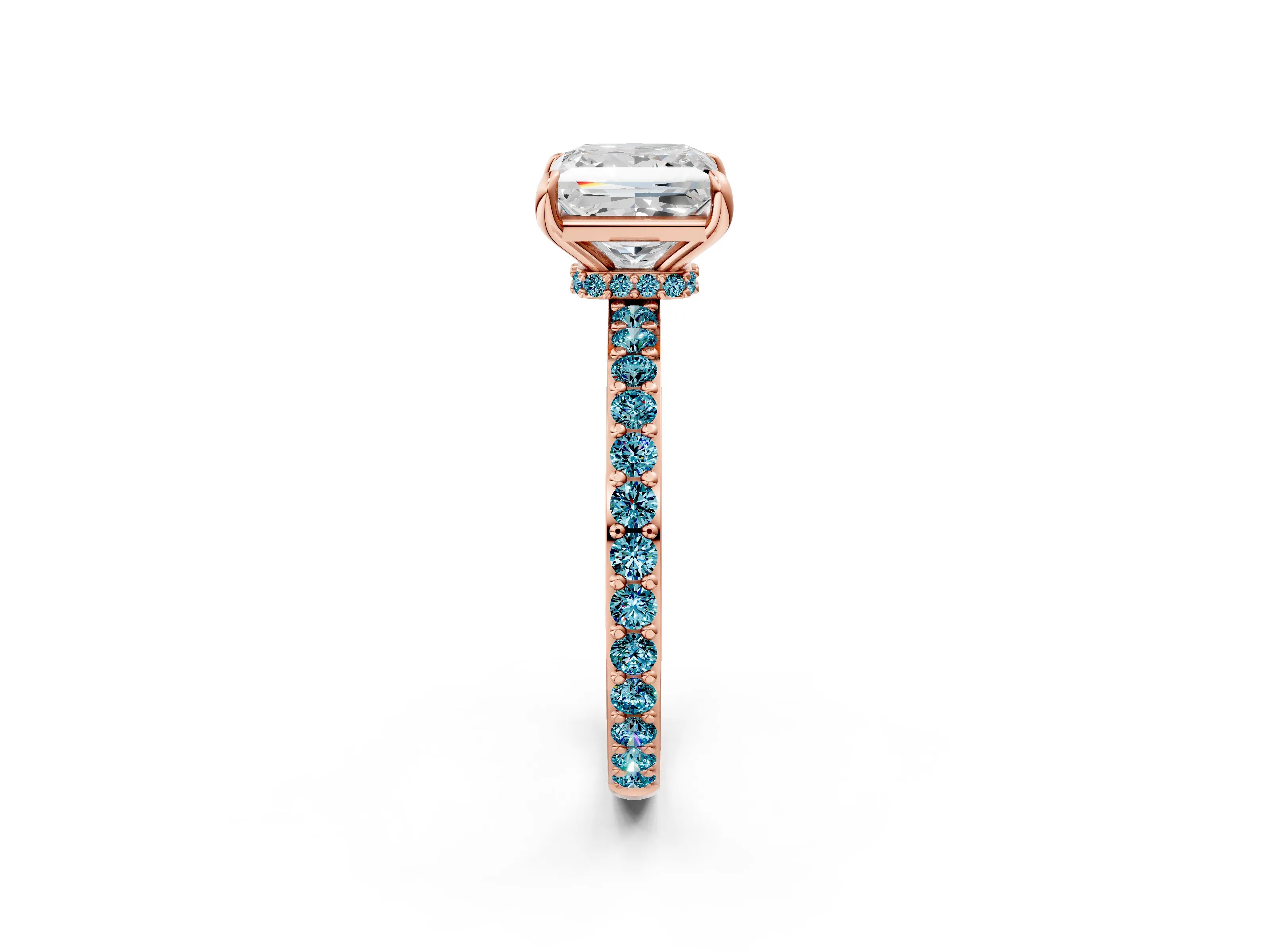 Rose gold Princess Cut Diamond Pavé Engagement Ring with Round with Blue Topaz side stone Accents and Prong Setting_2