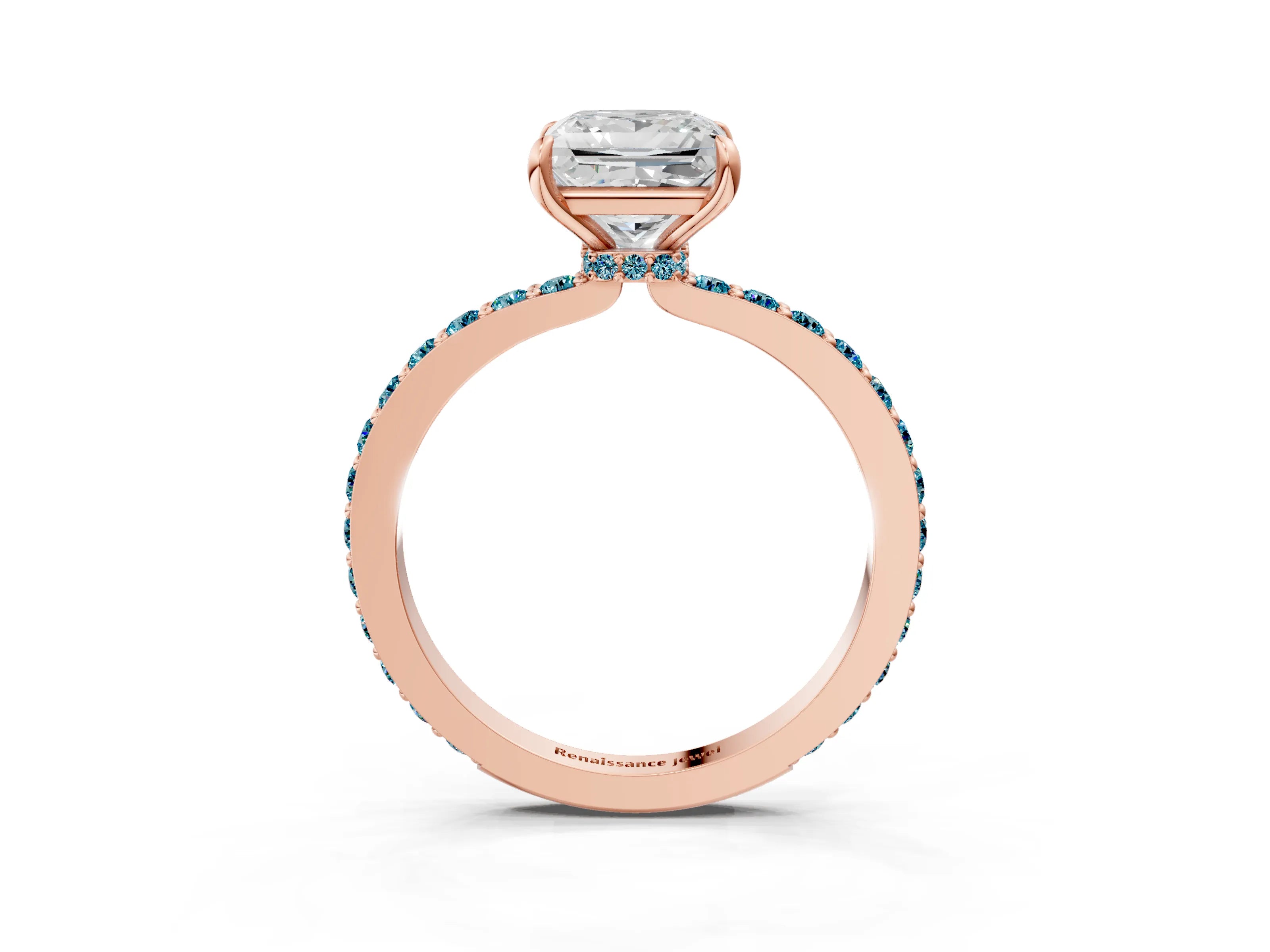 Rose gold Princess Cut Diamond Pavé Engagement Ring with Round with Blue Topaz side stone Accents and Prong Setting_3