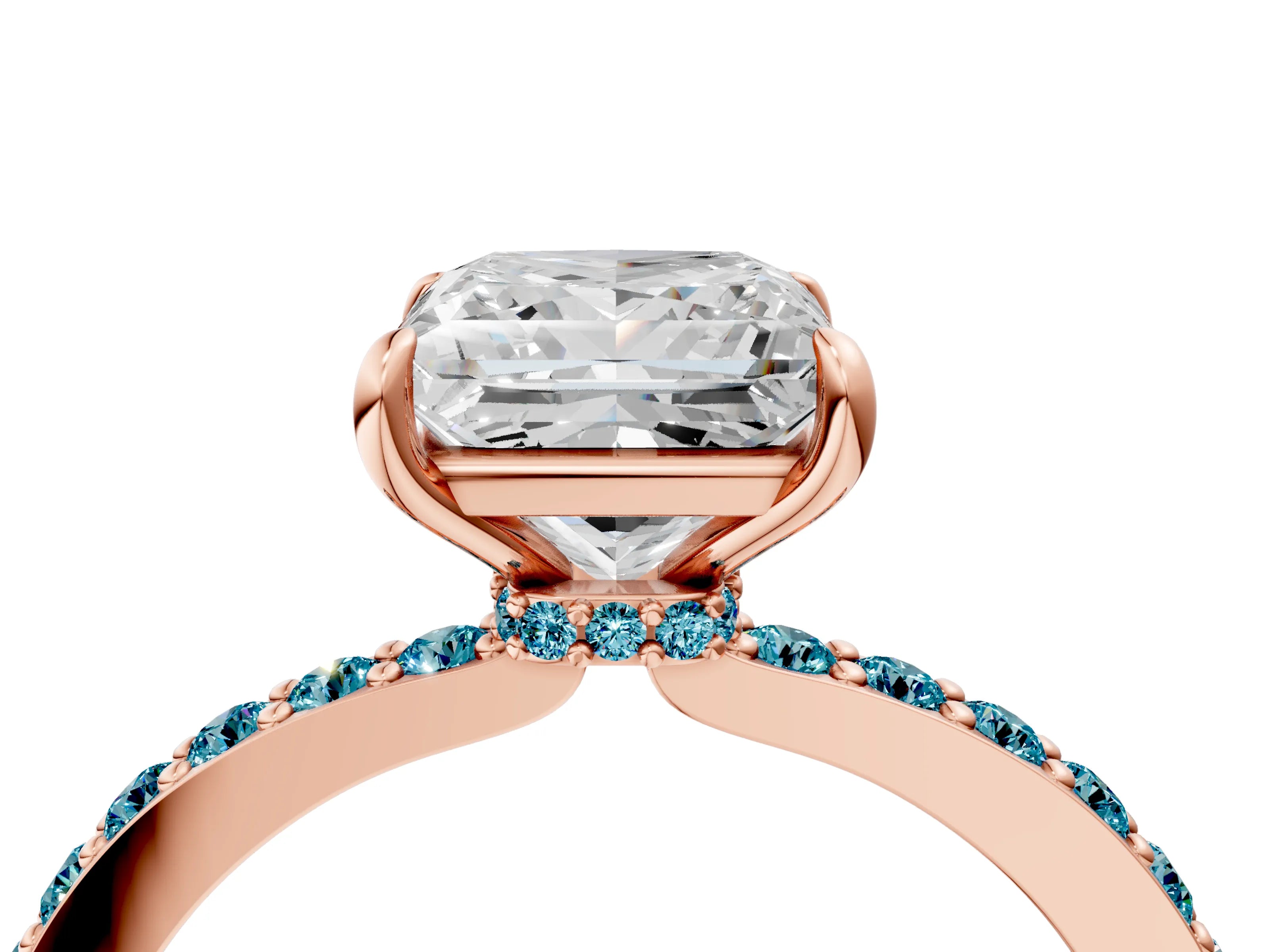 Rose gold Princess Cut Diamond Pavé Engagement Ring with Round with Blue Topaz side stone Accents and Prong Setting_4