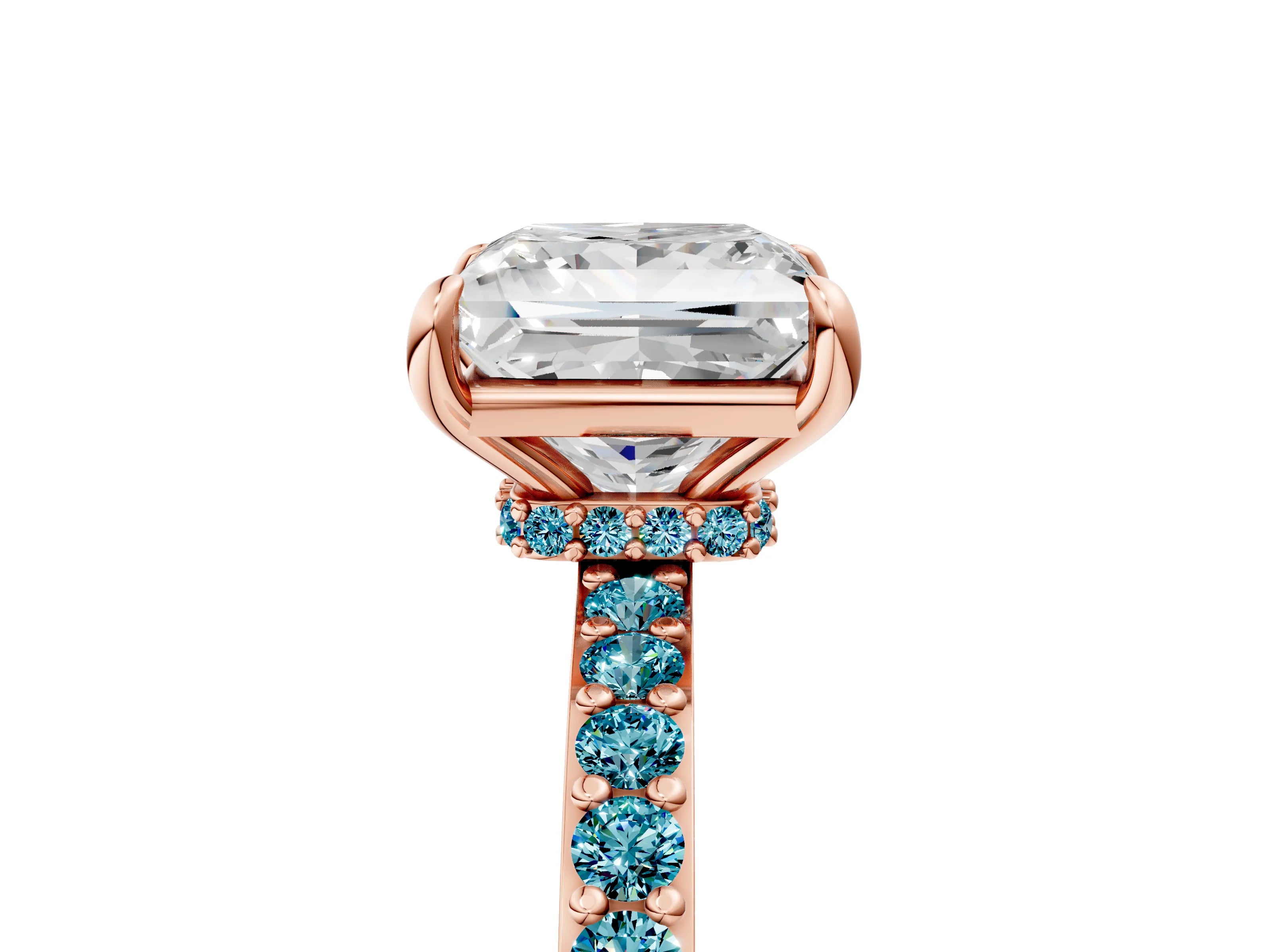 Rose gold Princess Cut Diamond Pavé Engagement Ring with Round with Blue Topaz side stone Accents and Prong Setting_5