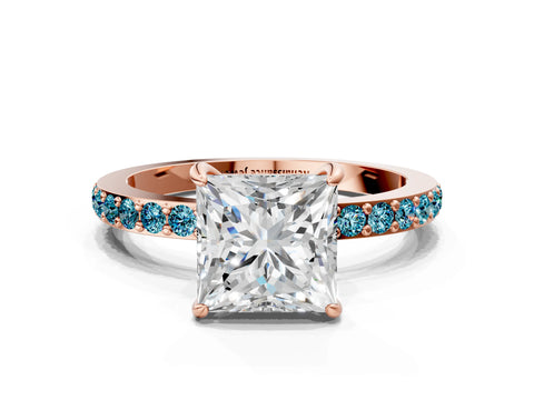 Rose gold Princess Cut Diamond Pavé Engagement Ring with Round with Blue Topaz side stone Accents and Prong Setting