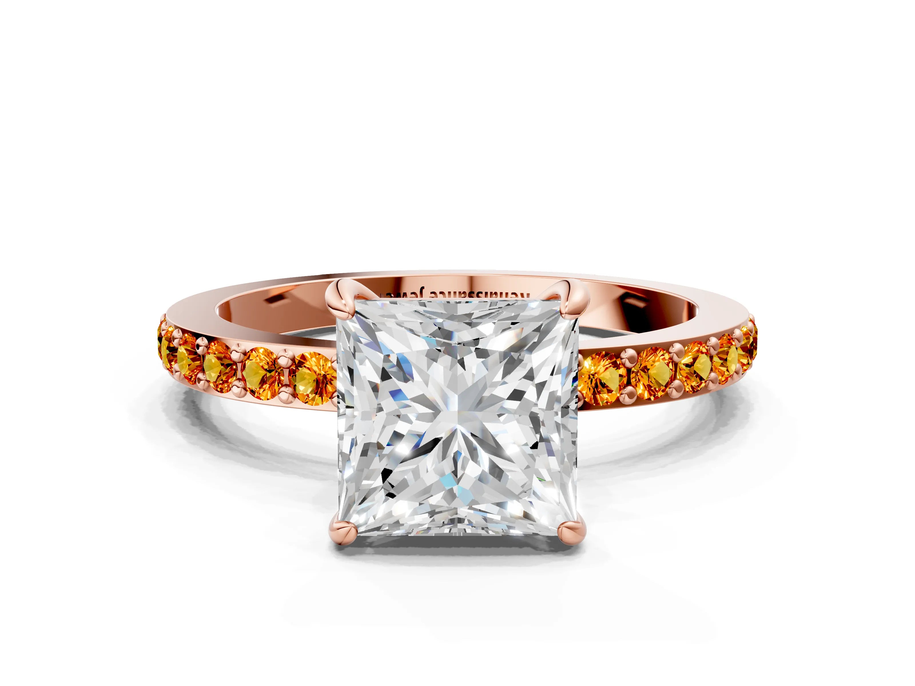 Rose gold Princess Cut Diamond Pavé Engagement Ring with Round with Citrine side stone Accents and Prong Setting