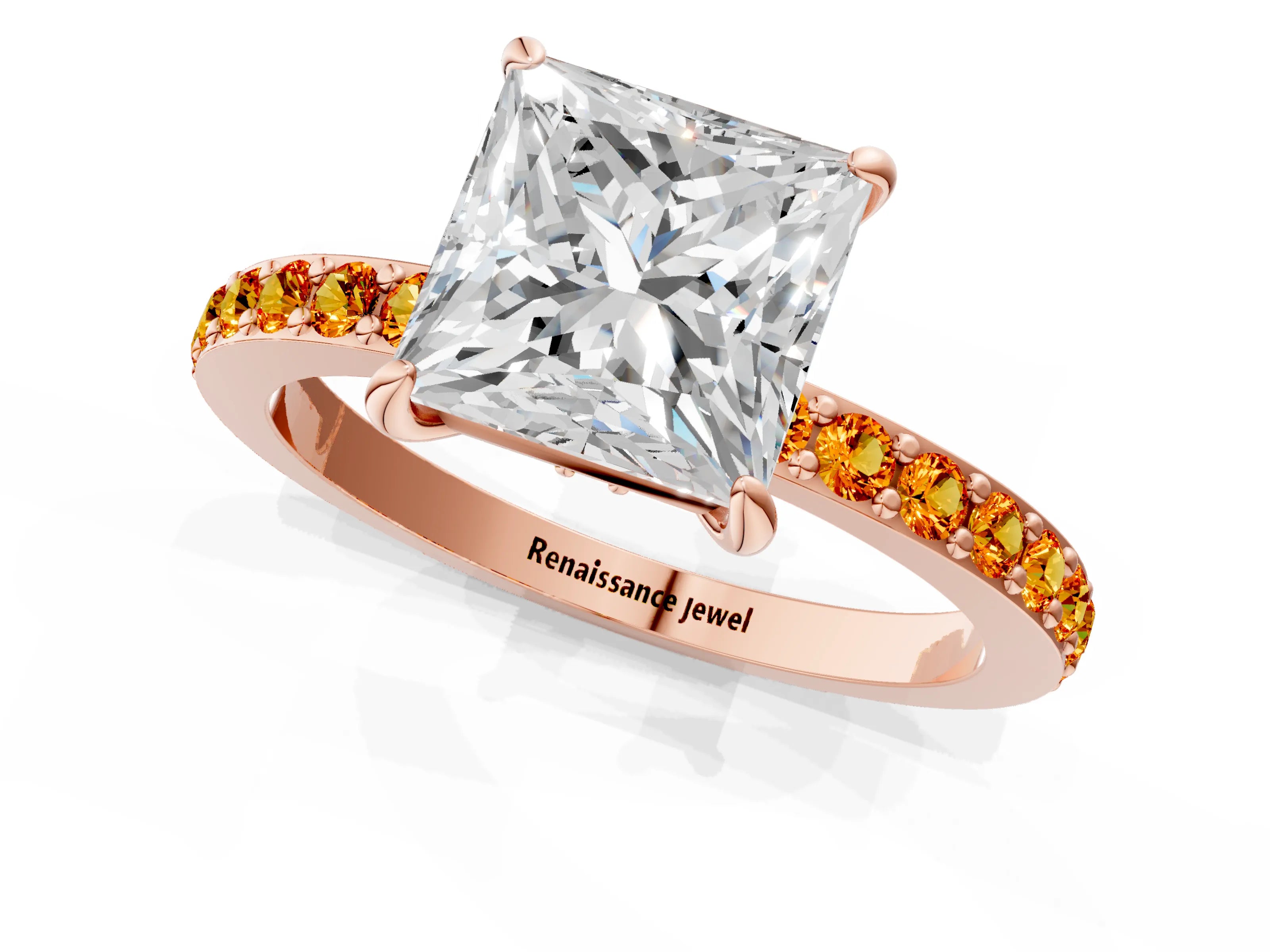 Rose gold Princess Cut Diamond Pavé Engagement Ring with Round with Citrine side stone Accents and Prong Setting_1