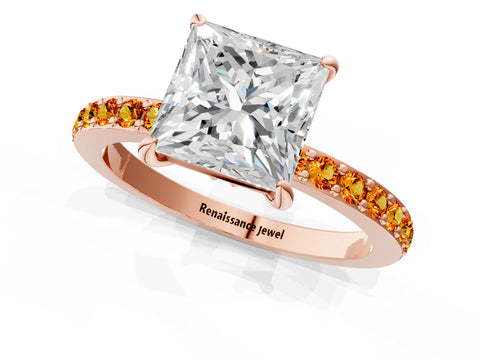 Rose gold Princess Cut Diamond Pavé Engagement Ring with Round with Citrine side stone Accents and Prong Setting_1