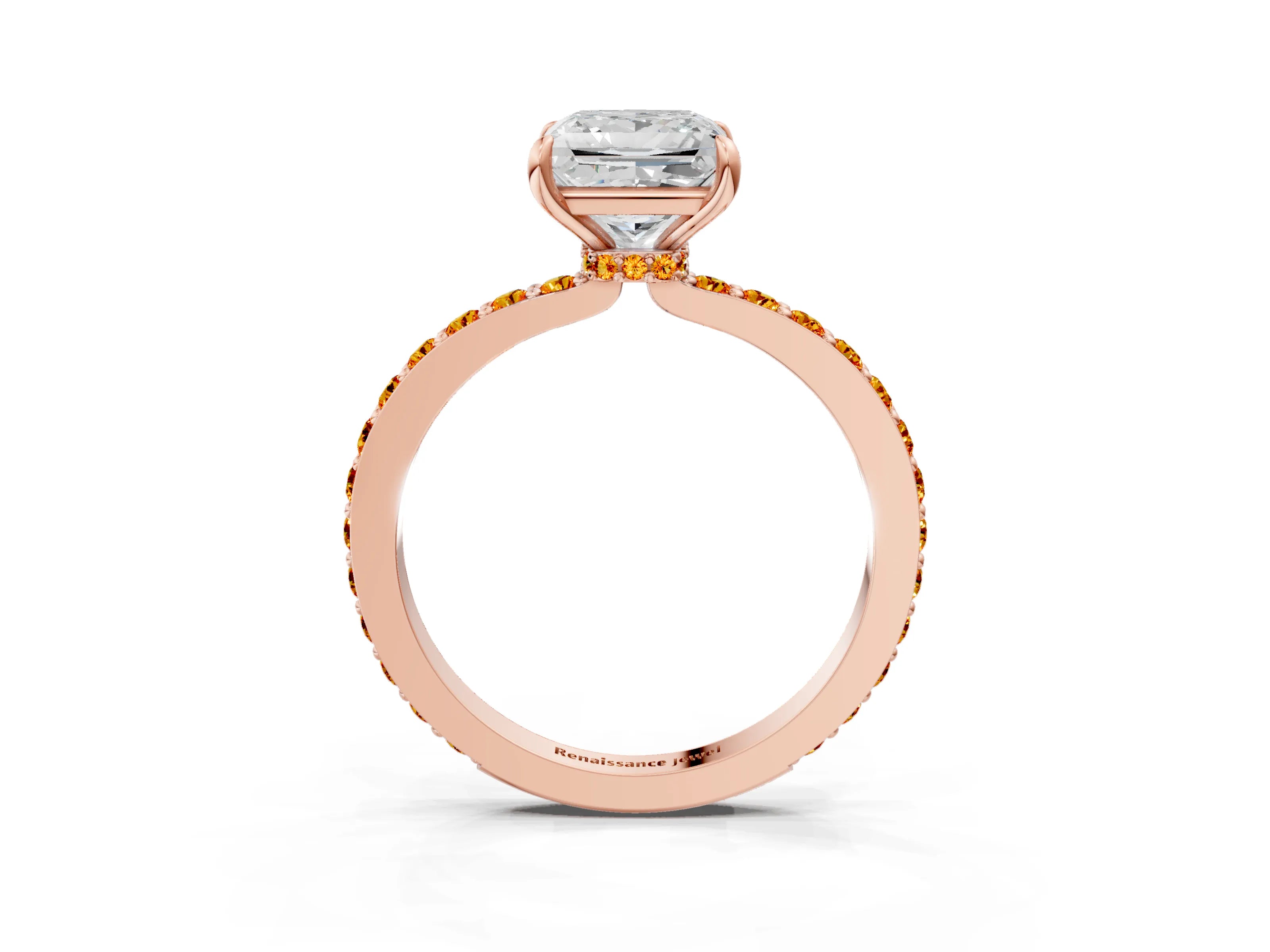 Rose gold Princess Cut Diamond Pavé Engagement Ring with Round with Citrine side stone Accents and Prong Setting_3