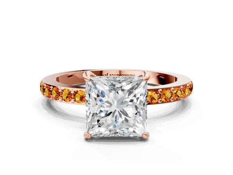 Rose gold Princess Cut Diamond Pavé Engagement Ring with Round with Citrine side stone Accents and Prong Setting