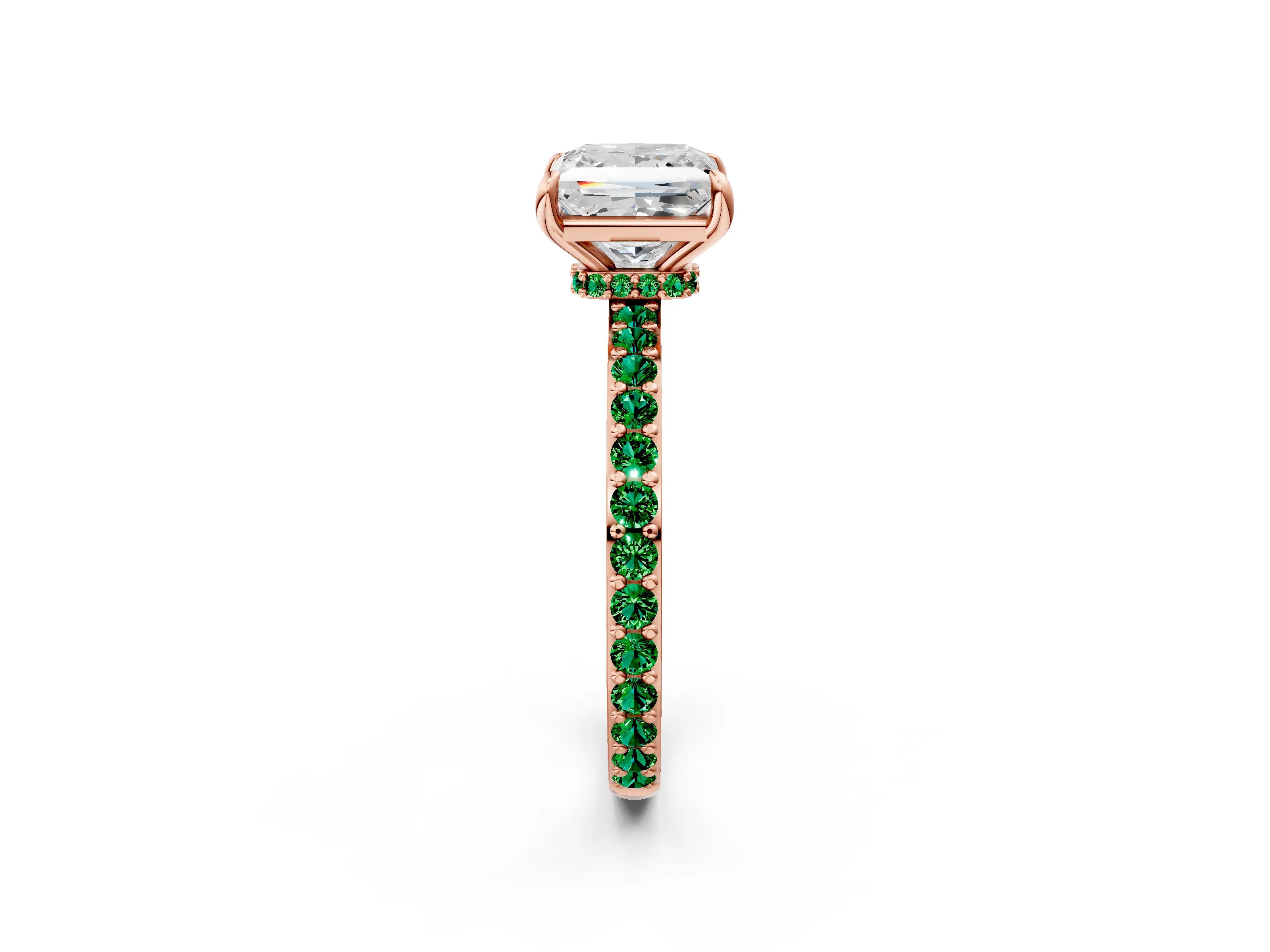 Rose gold Princess Cut Diamond Pavé Engagement Ring with Round with Emerald side stone Accents and Prong Setting_2