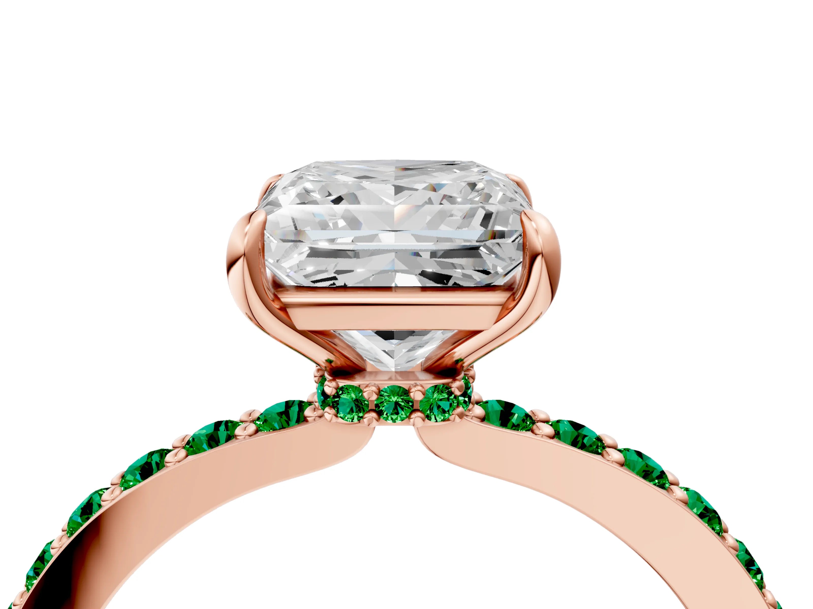 Rose gold Princess Cut Diamond Pavé Engagement Ring with Round with Emerald side stone Accents and Prong Setting_4