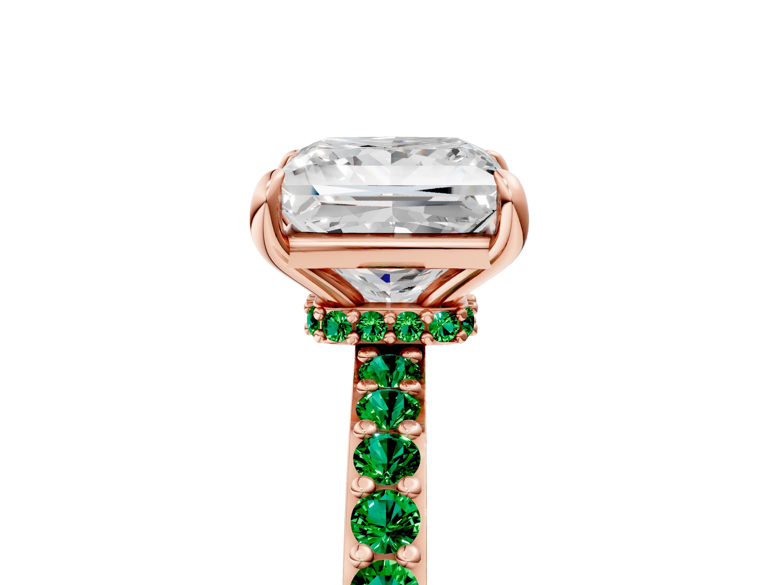 Rose gold Princess Cut Diamond Pavé Engagement Ring with Round with Emerald side stone Accents and Prong Setting_5