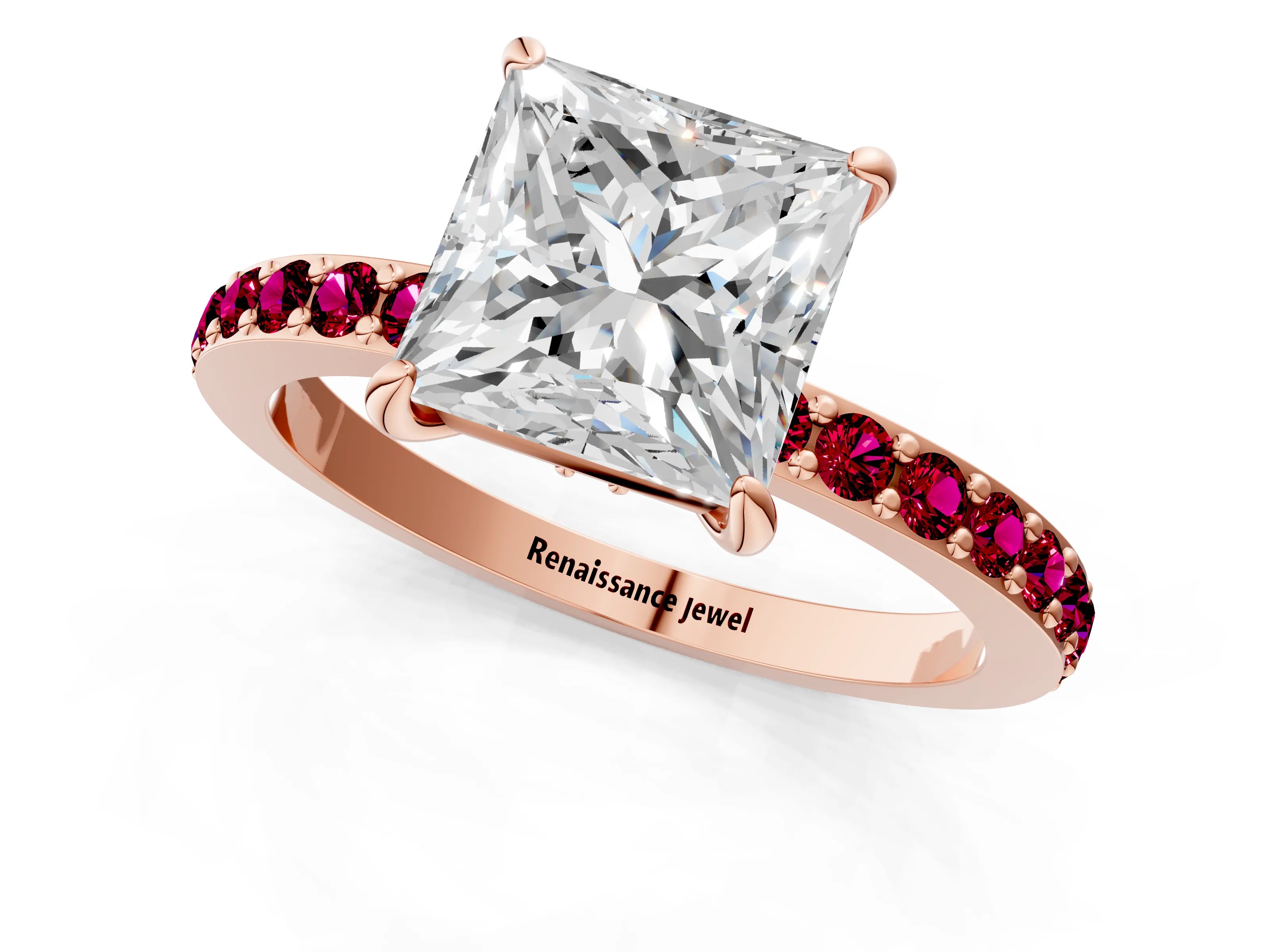 Rose gold Princess Cut Diamond Pavé Engagement Ring with Round with Garnet side stone Accents and Prong Setting_1