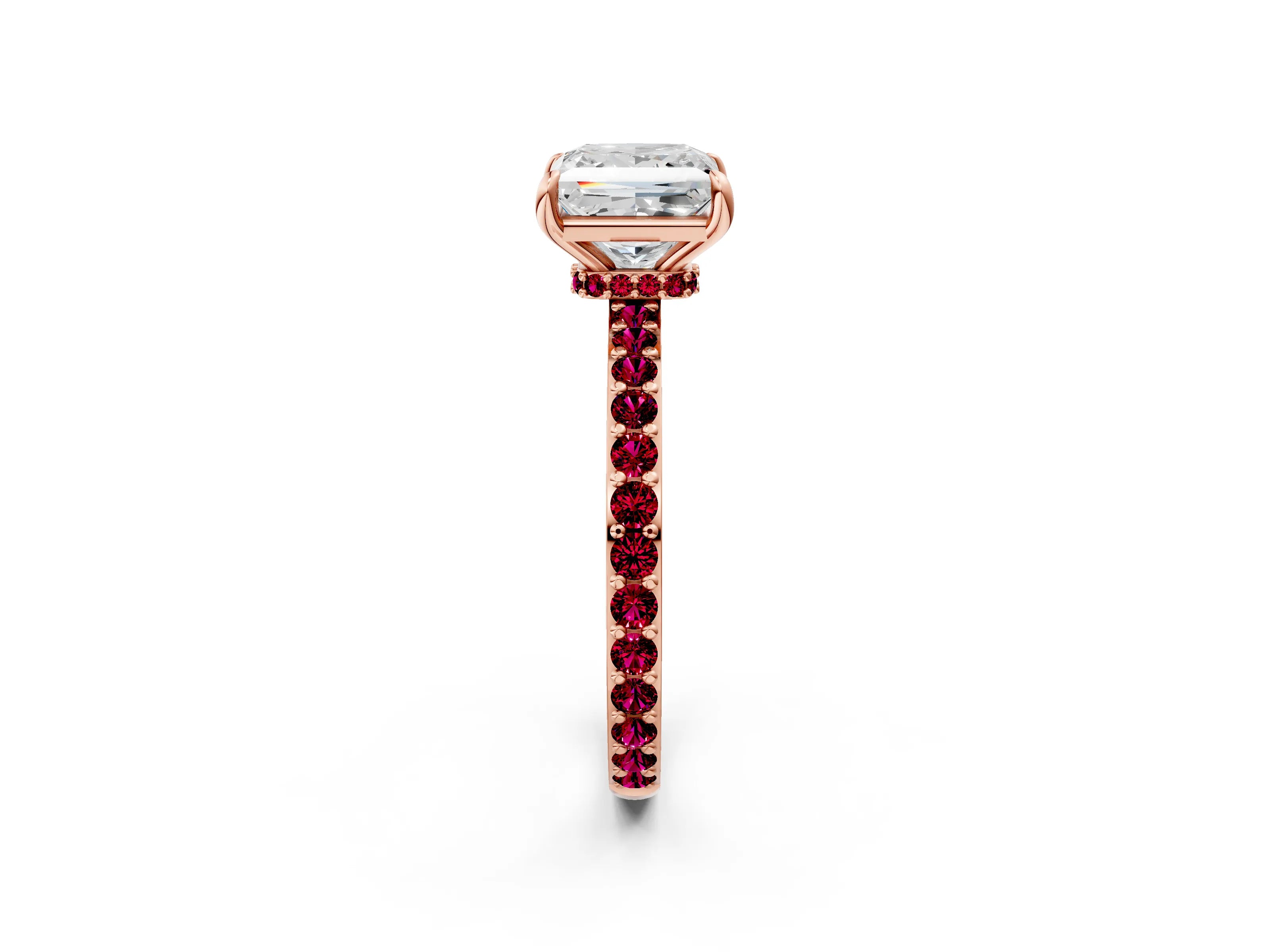 Rose gold Princess Cut Diamond Pavé Engagement Ring with Round with Garnet side stone Accents and Prong Setting_2