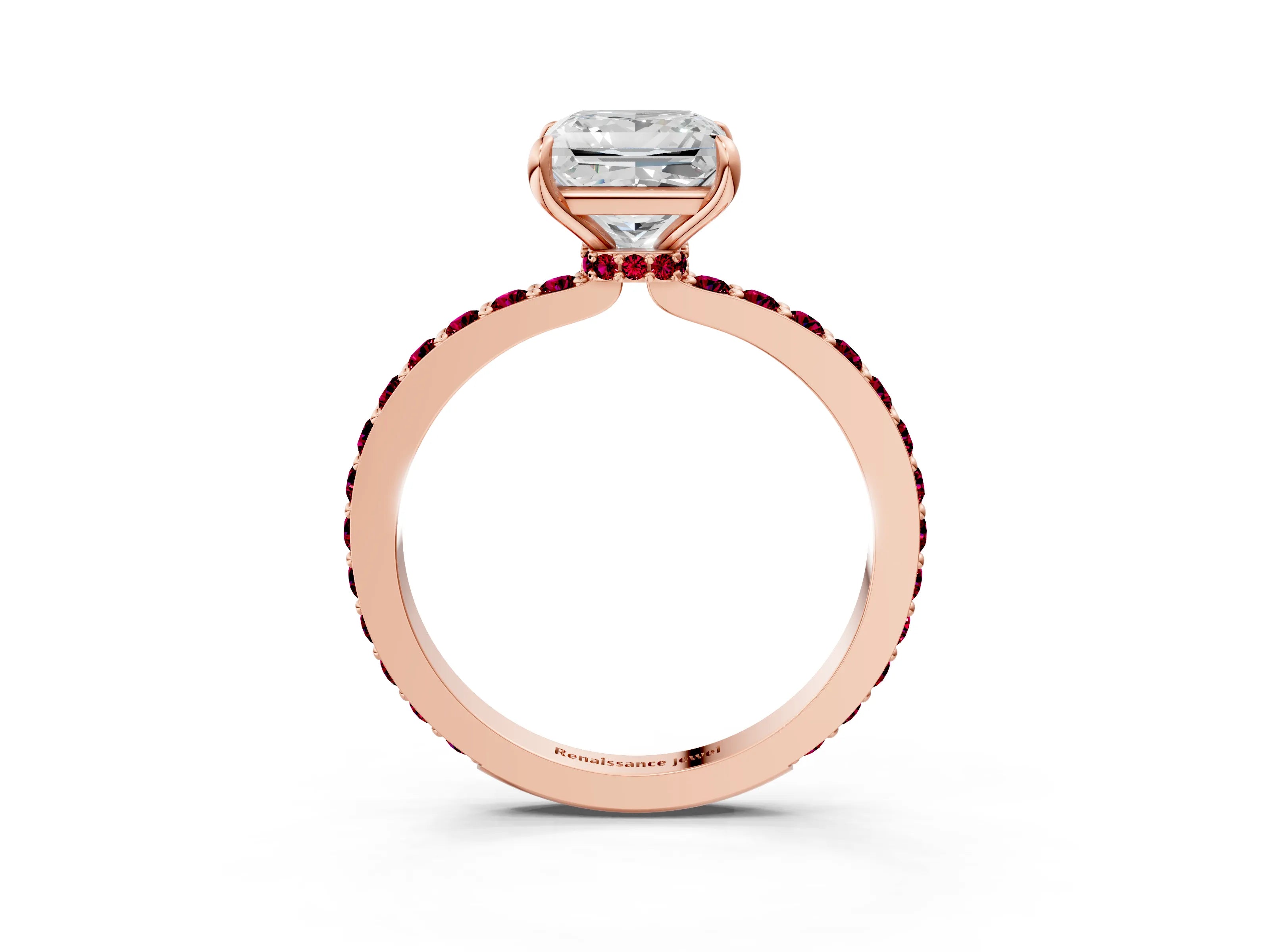 Rose gold Princess Cut Diamond Pavé Engagement Ring with Round with Garnet side stone Accents and Prong Setting_3