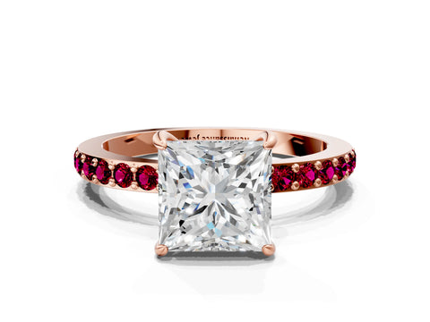 Rose gold Princess Cut Diamond Pavé Engagement Ring with Round with Garnet side stone Accents and Prong Setting